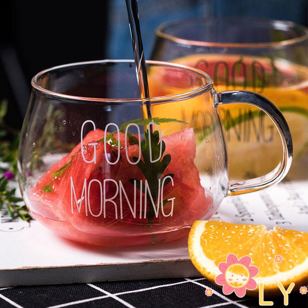 ✧LY-HOME✧ Drinkware Clear Mug Cup Transparent Good Morning Milk Coffee Glass Empty Breakfast Round Letter Printing Tea Juice with Handle