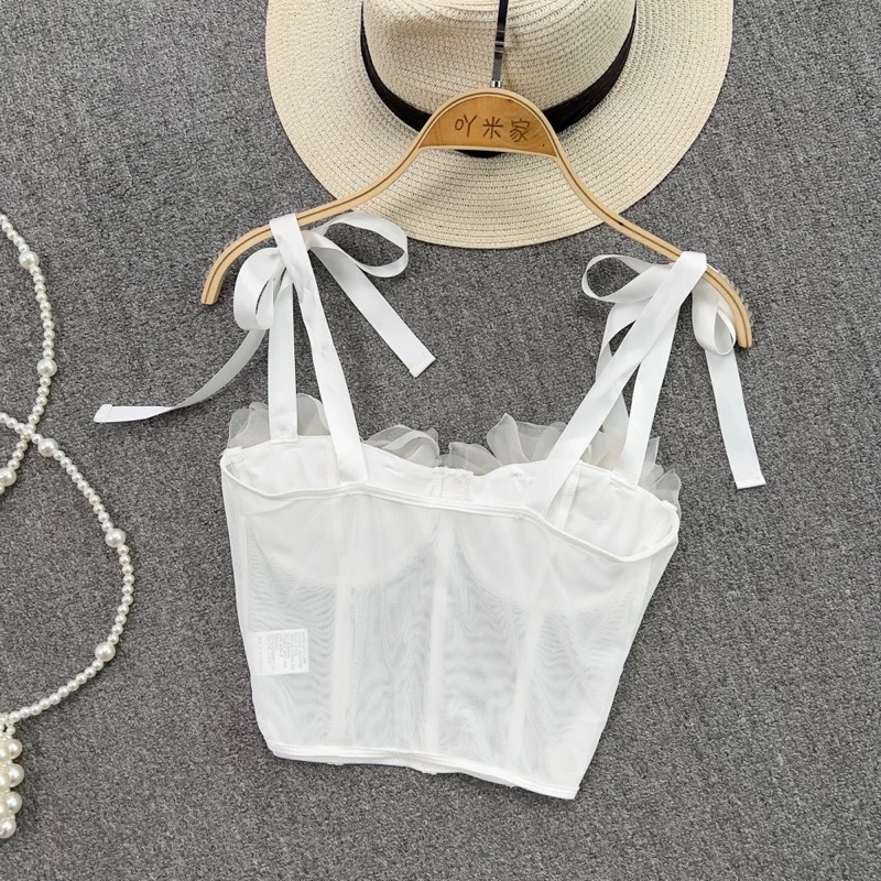 Áo 2 dây corset cột nơ đính hoa ngực