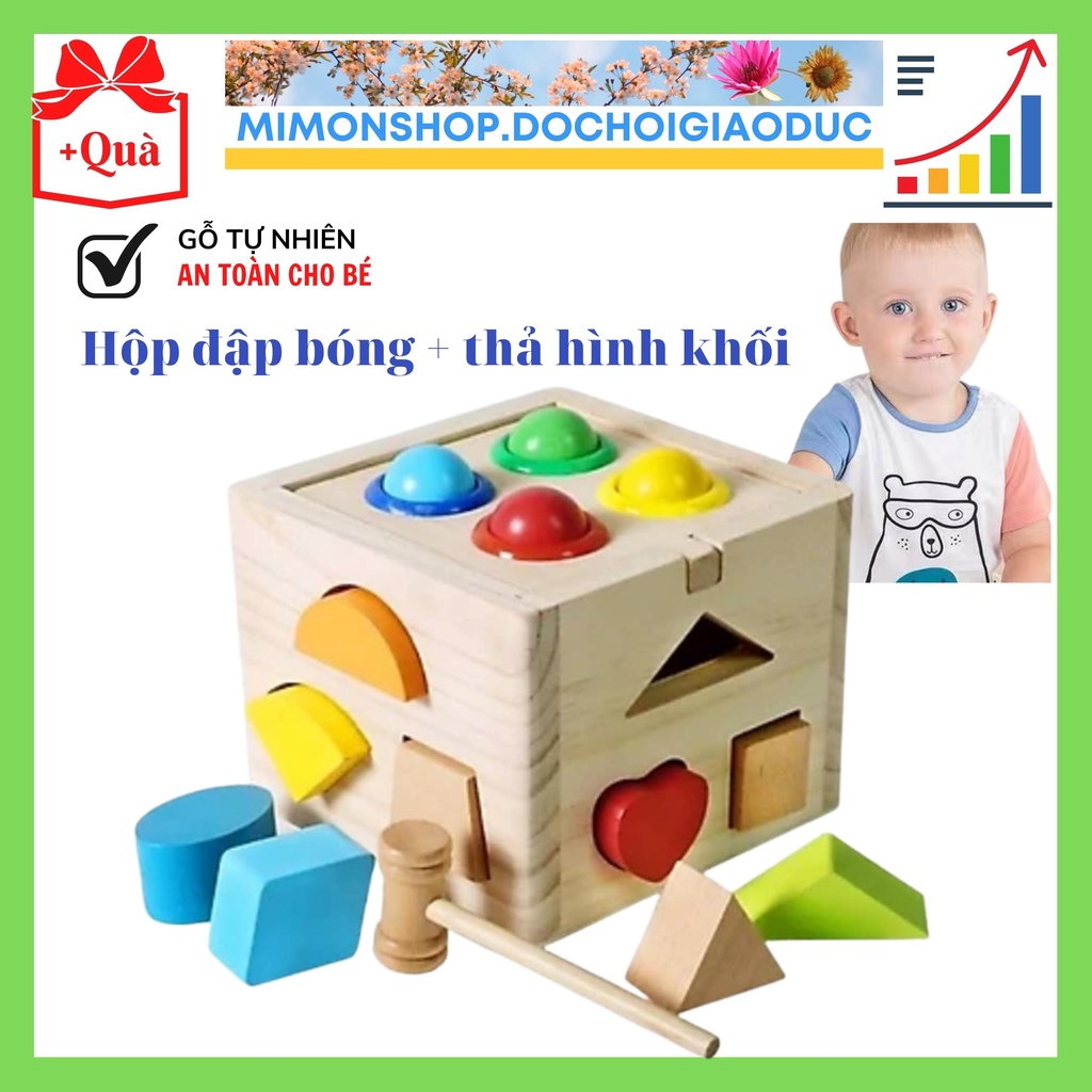 Đồ Chơi Gỗ đập bóng hộp vuông kết hợp thả hình khối, nhiều màu sắc an toàn cho trẻ phù hợp bé MIMON