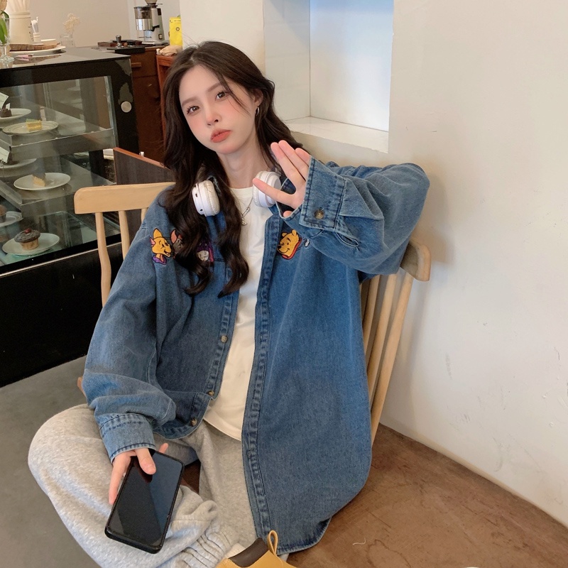 ZHELIHANGFEI Áo Sơ Mi Denim Họa Tiết Thêu Theo Phong Cách Retro Mỹ Dễ Phối Đồ