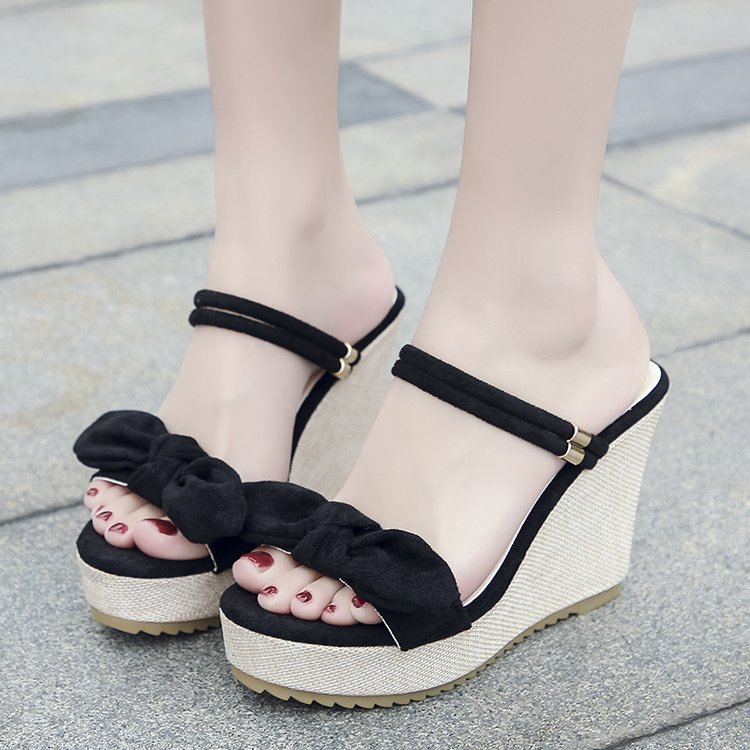 Giày Sandal Đế Xuồng Dày 11cm Đính Nơ Thời Trang Hàn Quốc