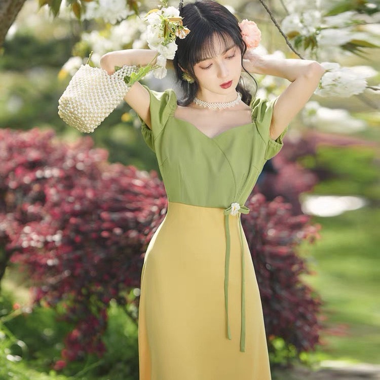 Đầm Tay Phồng Dáng Dài Chiết Eo Kiểu Vintage Hàn Quốc Dễ Thương Cho Nữ