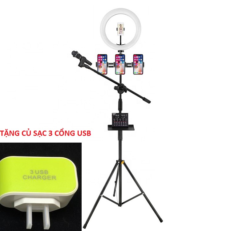 Giá Đỡ Đèn Livestream, Giá Đỡ 4 Điện Thoại Cây Đỡ Micro Và Khay Đỡ Sound Car - Cao 2m1