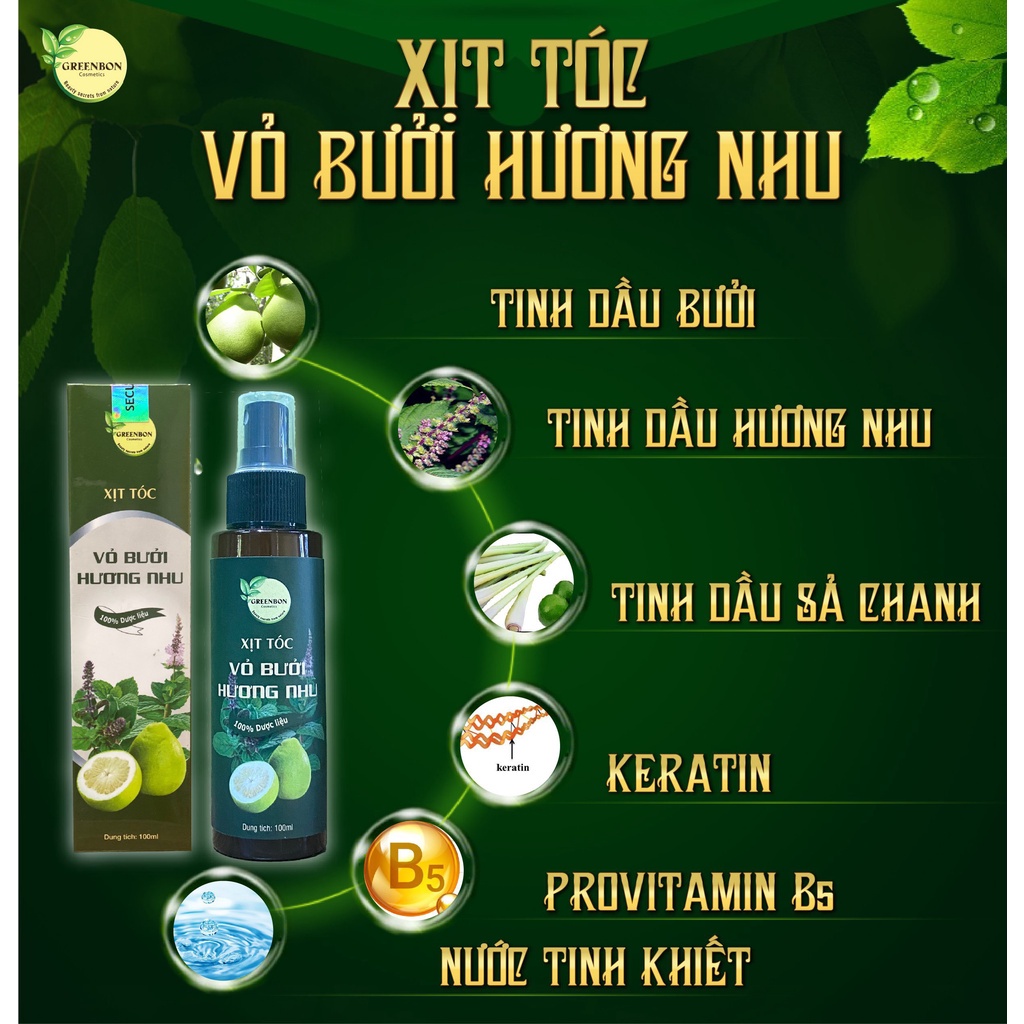 Xịt tóc vỏ bưởi hương nhu GREENBON 100ML - Xịt dưỡng tóc, kích mọc tóc siêu nhanh