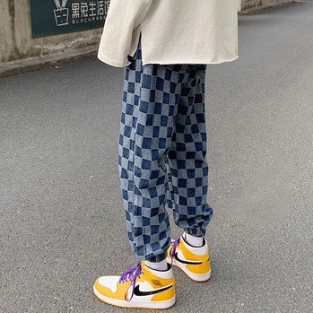 Quần Jeans Dài Ống Rộng Họa Tiết Sọc Caro Phong Cách Hàn Quốc Cho Nam