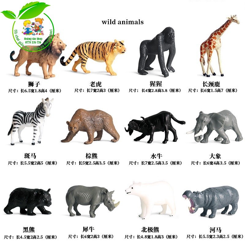 Mô hình 12 động vật hoang dã dùng trong góc ngôn ngữ, góc sinh học