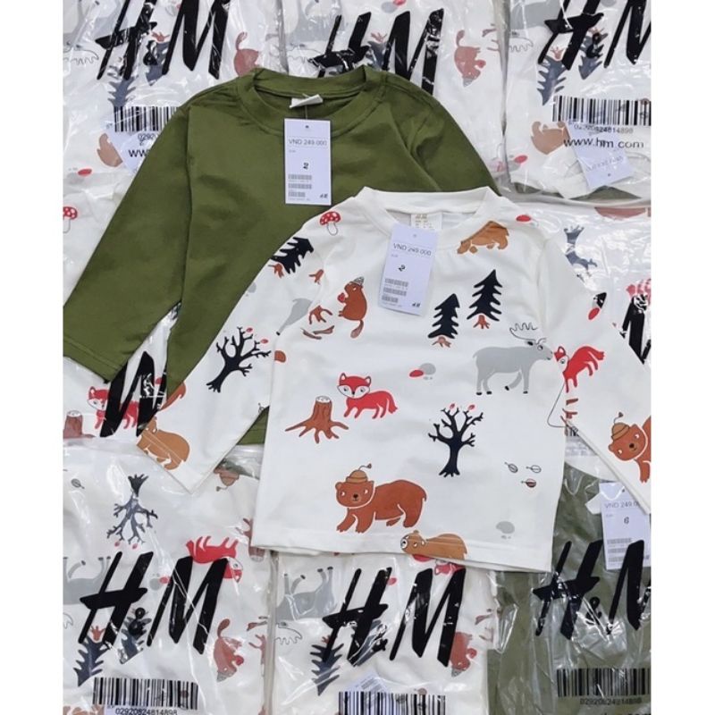 set 2 áo dài tay in hình xanh và trắng cho bé trai bé gái chất cotton