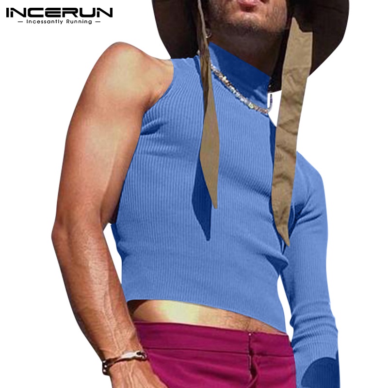 Áo thun thân ngắn INCERUN dáng ôm vừa vặn tay tay dài một bên 3 màu tùy chọn thời trang cho nam