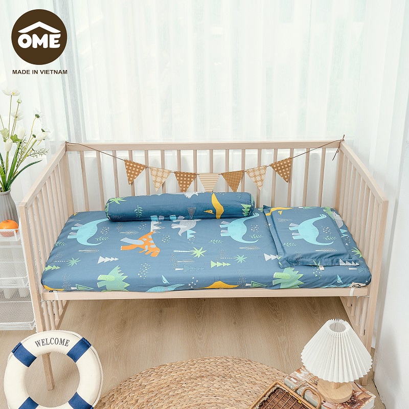 Bộ ga gối bọc đệm cũi Ôme 100% Cotton 3D Hàn Quốc phủ lụa