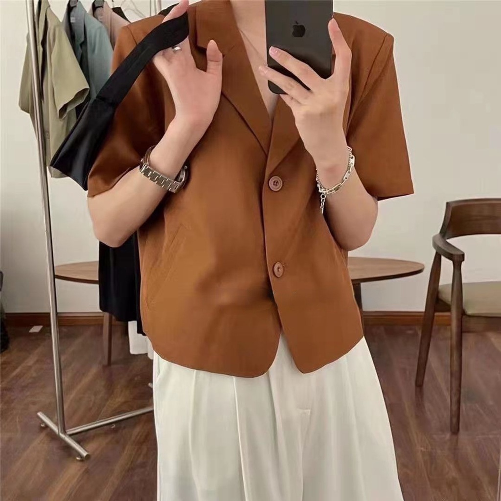 Áo Khoác Vest Tay Ngắn Màu Sắc Trơn Phong Cách retro Hàn Quốc