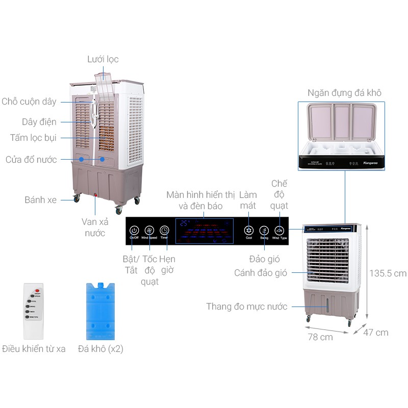 [Mã ELMALL1TR5 giảm 6% đơn 3TR] Quạt điều hòa - Máy làm mát Kangaroo KG50F69 , làm mát tới 50 - 65 m²