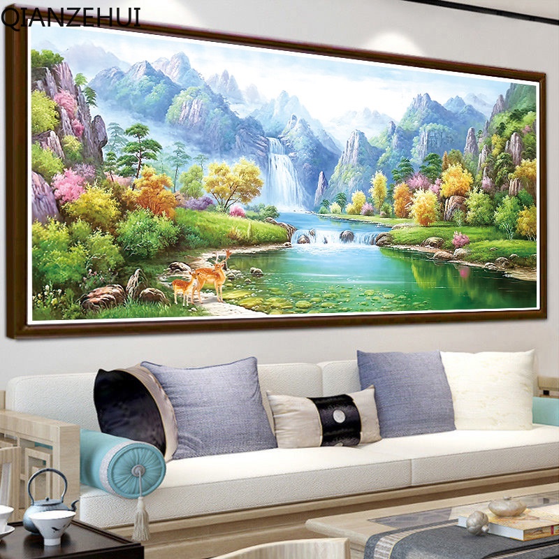 Bộ Tranh Thêu Chữ Thập diy 11ct Hình Phong Cảnh Núi Xanh Và Nước Xanh Lá Bằng cotton
