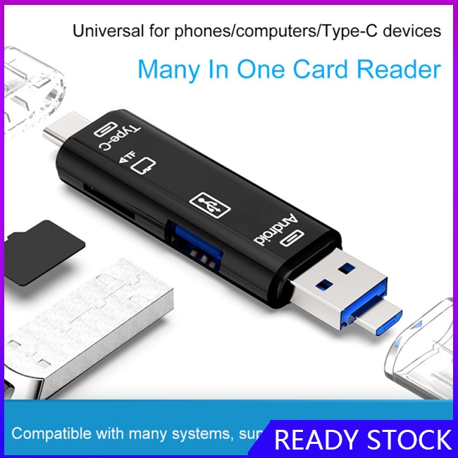FL【COD Ready】5 in 1 USB 2.0 Type C / USB / Micro USB SD TF Memory Card Reader OTG Adapter