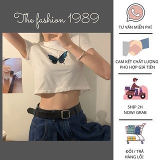 Áo thun Croptop tay ngắn thêu bướm cực xinh - áo croptop  thêu bướm màu trắng đen