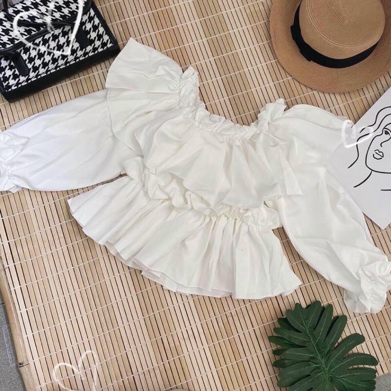 Áo crotop trễ vai bánh bèo tiểu thư, áo trắng xếp tầng tay bồng màu trắng điệu đà