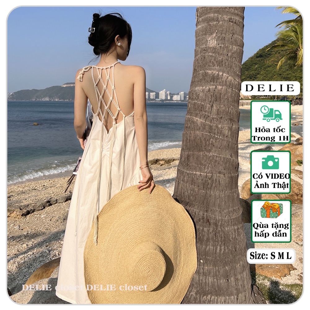 Đầm đi biển DELIE váy maxi trắng hở lưng đan dây quyến rũ dáng xòe dài kiểu pháp VK04