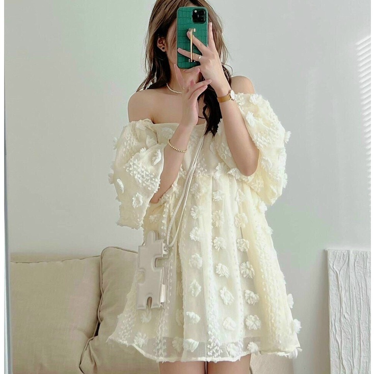 Đầm babydoll trễ vai tay phồng đầm váy nữ phong cách tiểu thư dễ thương xinh xắn cho nàng đi chơi dạo phố cực đẹp