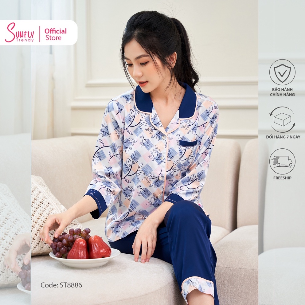Bộ đồ mặc nhà nữ pijamas lụa SUNFLY áo tay lỡ quần dài ST8886
