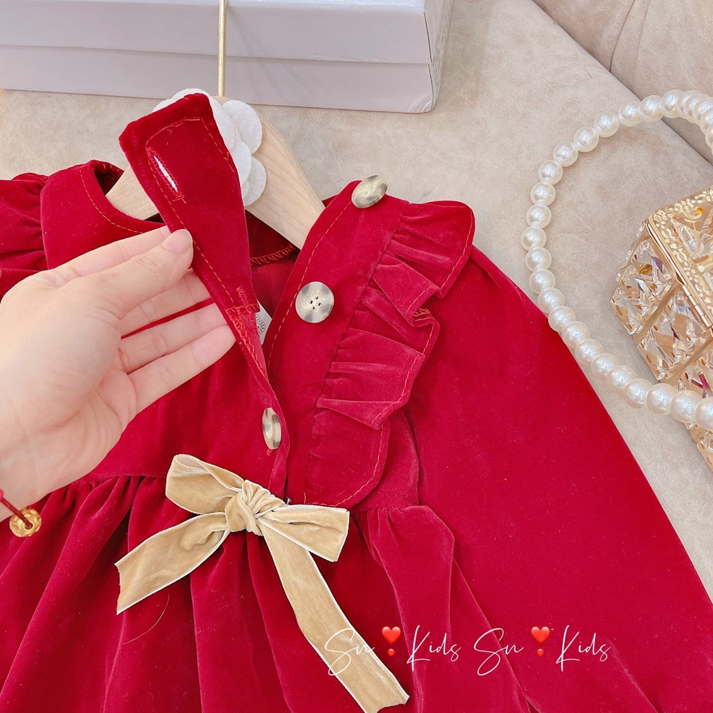 Váy nhung babydoll thắt nơ xinh xắn cho bé gái 8- 15kg