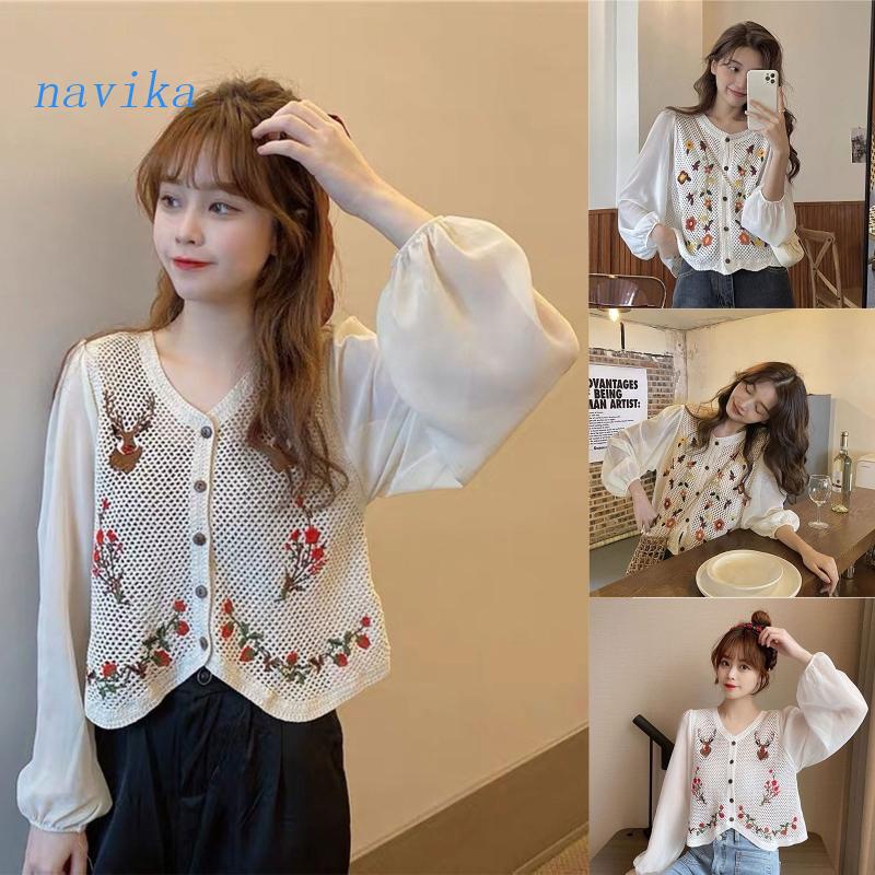 Áo Khoác Cardigan Vải Voan Tay Dài Phồng Dáng Rộng Cài Nút Họa Tiết Hoa Thêu Xinh Xắn