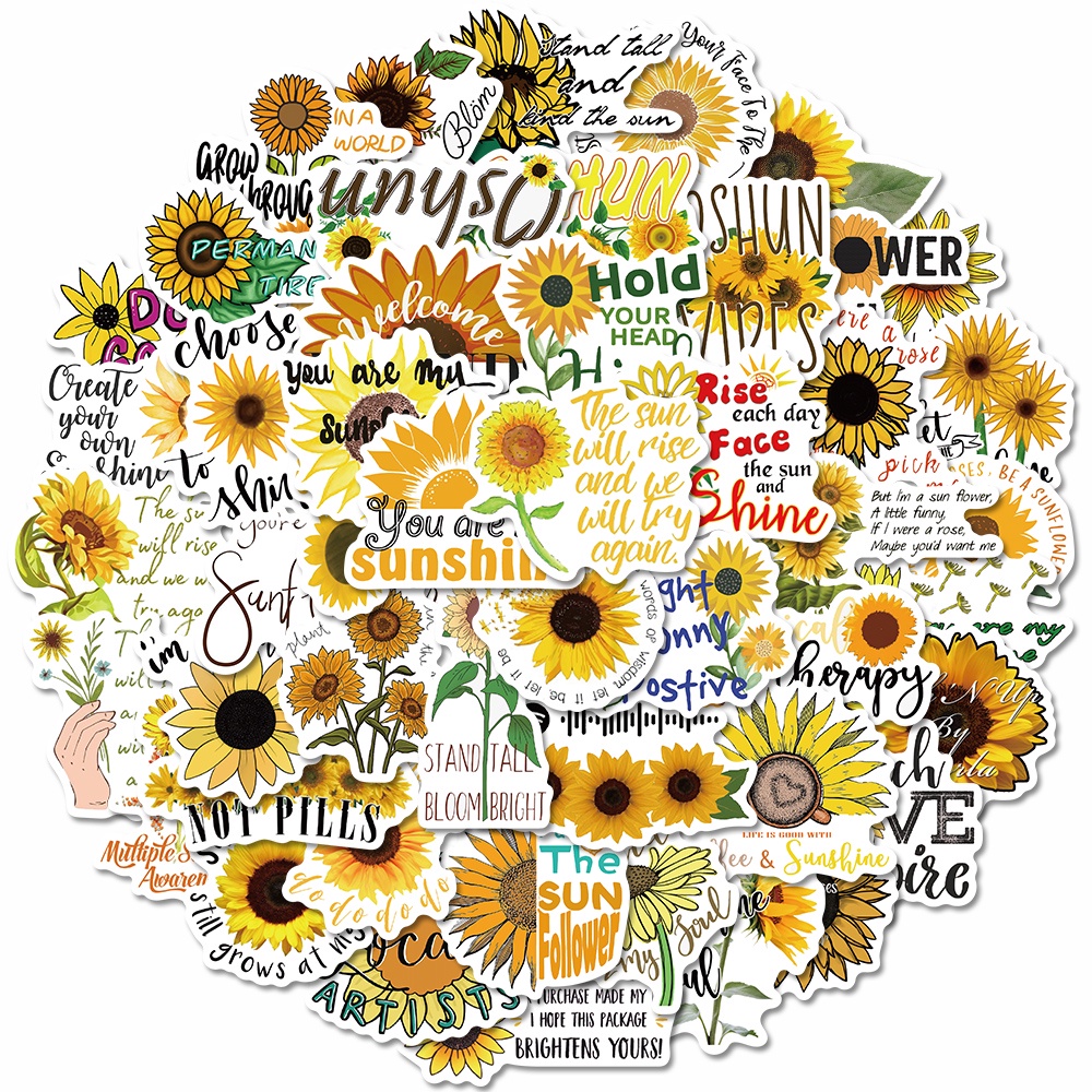 Bộ 50 Miếng Dán Trang Trí Laptop Chống Thấm Nước Hình Hoa Hướng Dương Hoạt Hình