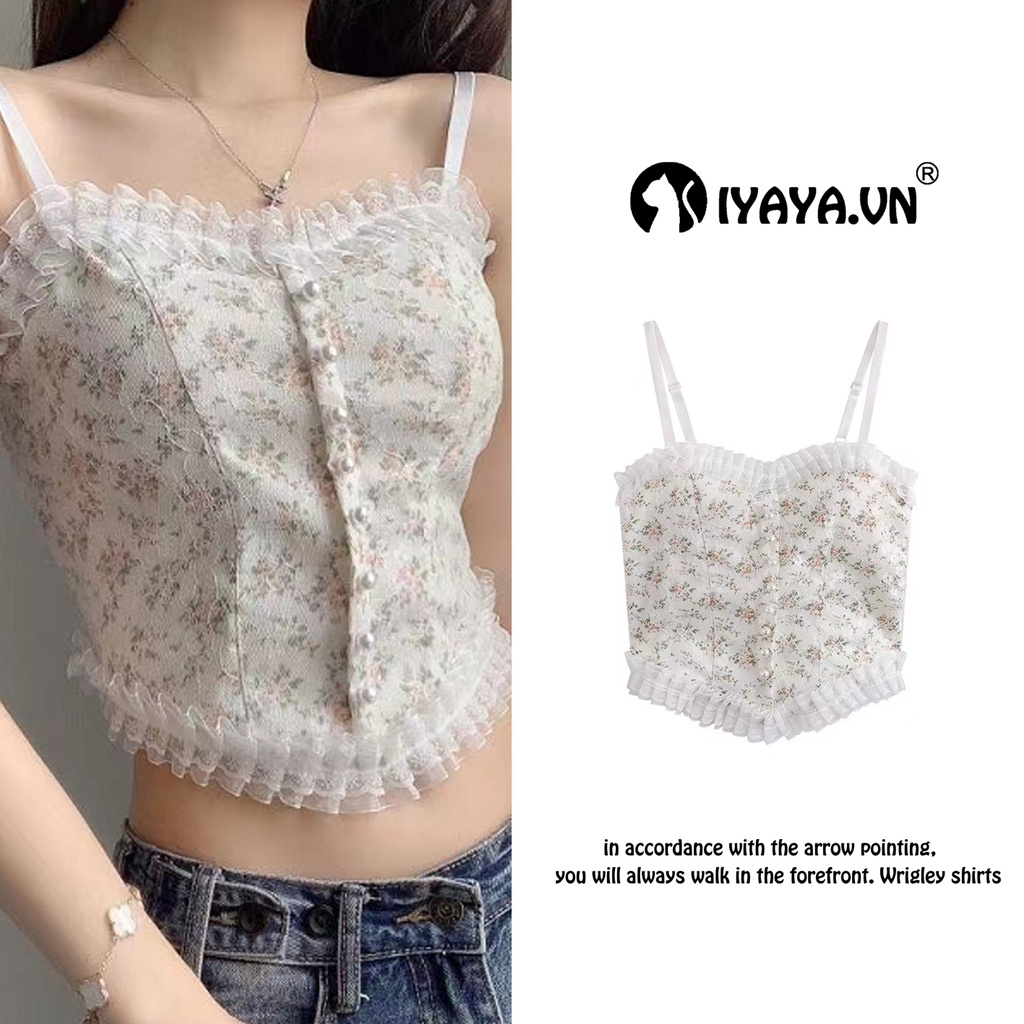 Áo 2 dây có mút ngực áo hai dây croptop Ôm Dáng Phối Ren Họa Tiết Hoa Quyến Rũ Thời Trang Kiểu Pháp Cho Nữ