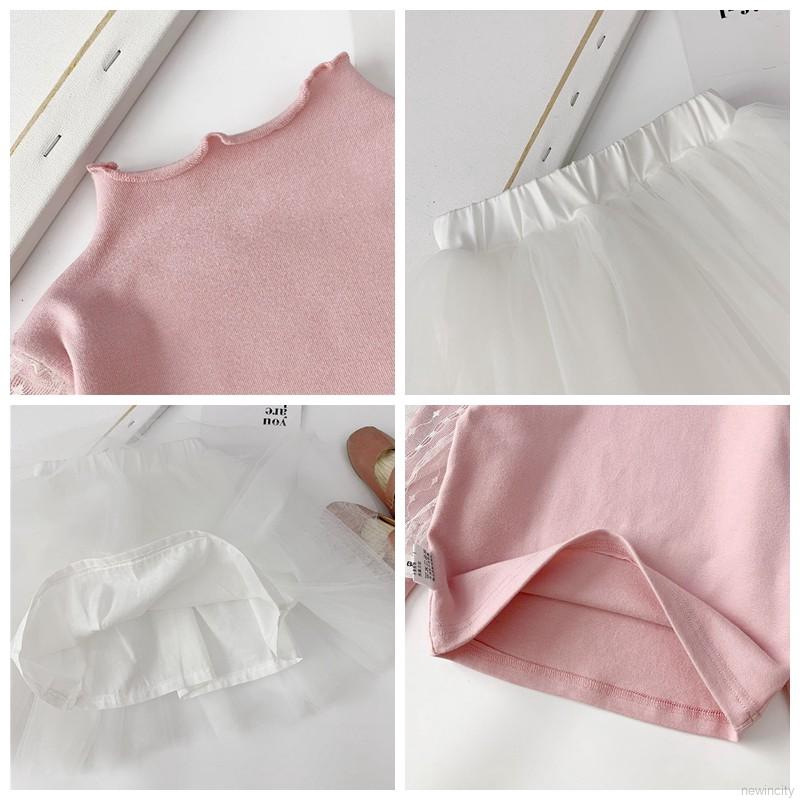 Set áo thun tay dài màu trơn &amp; váy công chúa Hàn Quốc cho bé gái