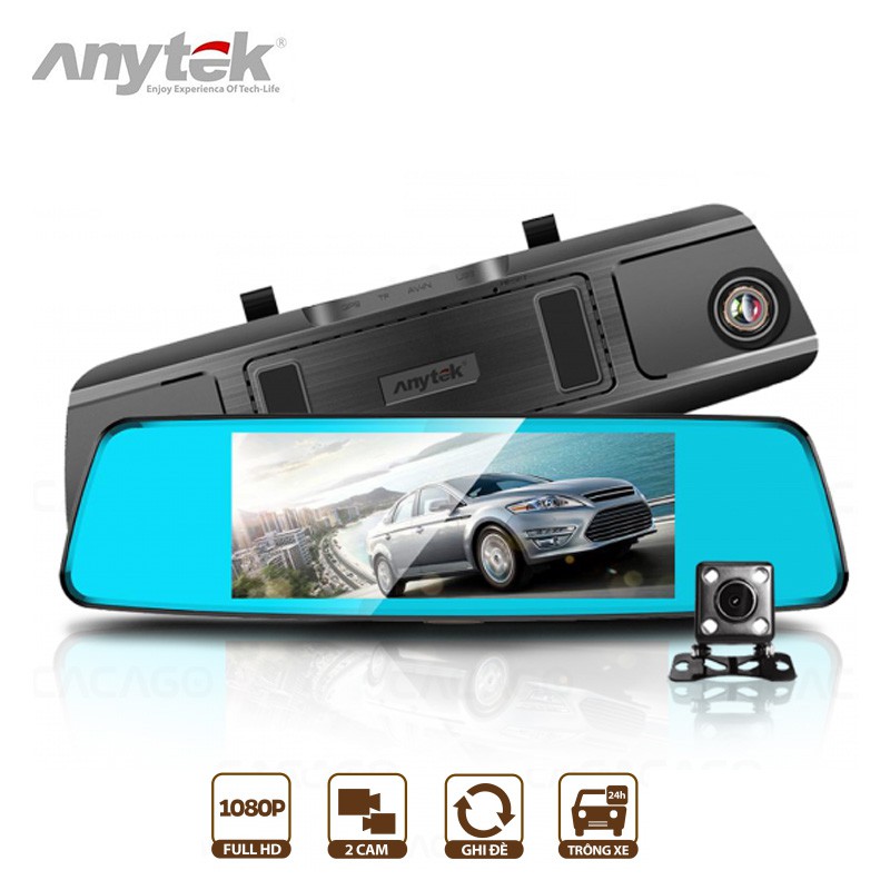 Camera Hành trình ô tô Anytek T77 Full HD (1920*1080P) - Cam gương, màn hình 7 inch cảm ứng, Quay 2 mắt trước sau