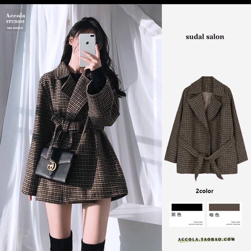 [Ảnh thật/hàng QC] Áo dạ kẻ ziczac 2 lớp kèm đai hot trend/ áo khoác dạ QC loại 1