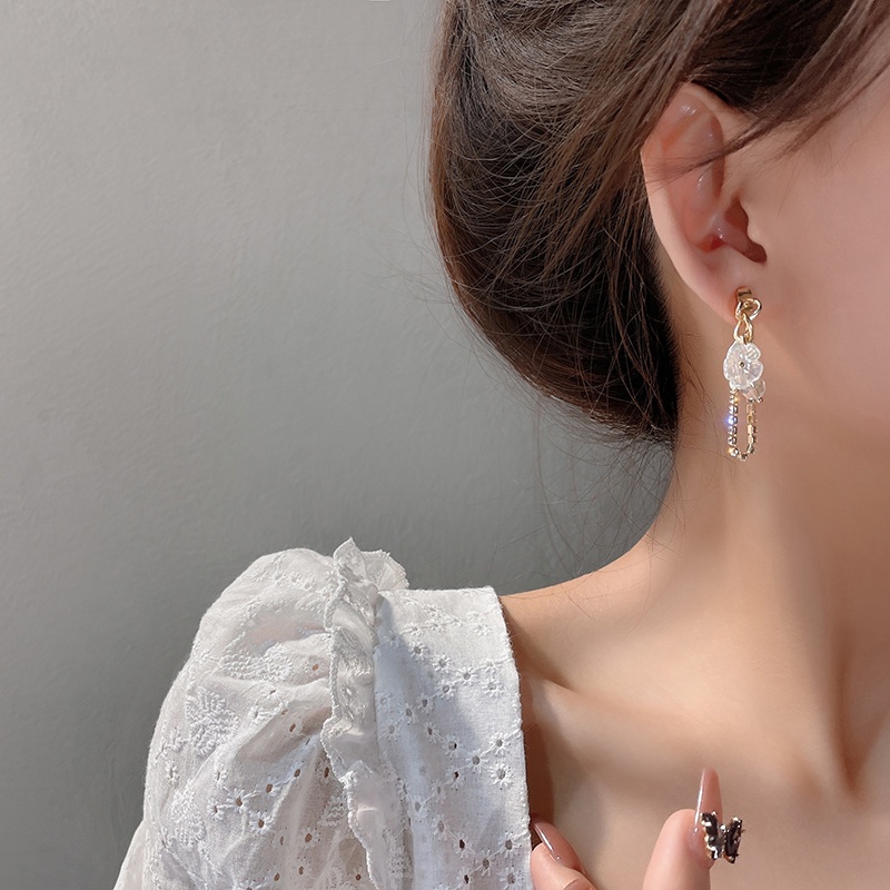 Khuyên Tai Chuỗi Đính Hạt Ngọc Trai Hình Hoa Phong Cách Hàn Quốc