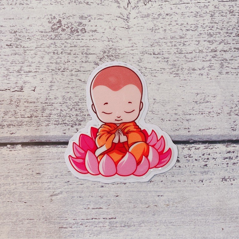 Decal tem nổi tổng hợp chú tiểu vui vẻ, chú tiểu ngồi hoa sen