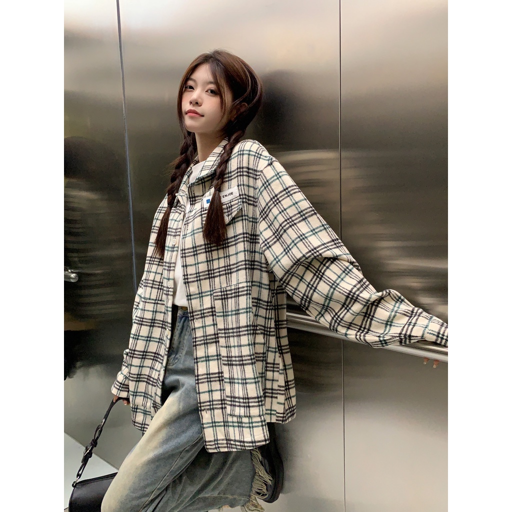 Áo Sơ Mi Caro Tay Dài Dáng Rộng Phong Cách Hàn Quốc Cho Nữ