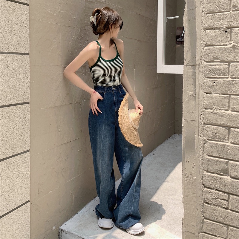 Áo Thun Không Tay Kẻ Sọc Màu Xanh Lá Thời Trang Mùa Hè Cổ Điển Cho Nữ