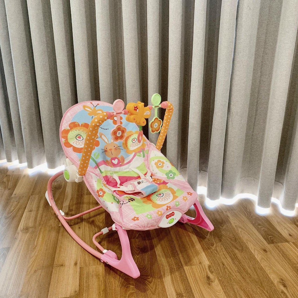 Ghế rung bập bênh có nhạc và đồ chơi lục lạc màu hồng, dành cho bé từ 0-36 tháng, có bảo hành