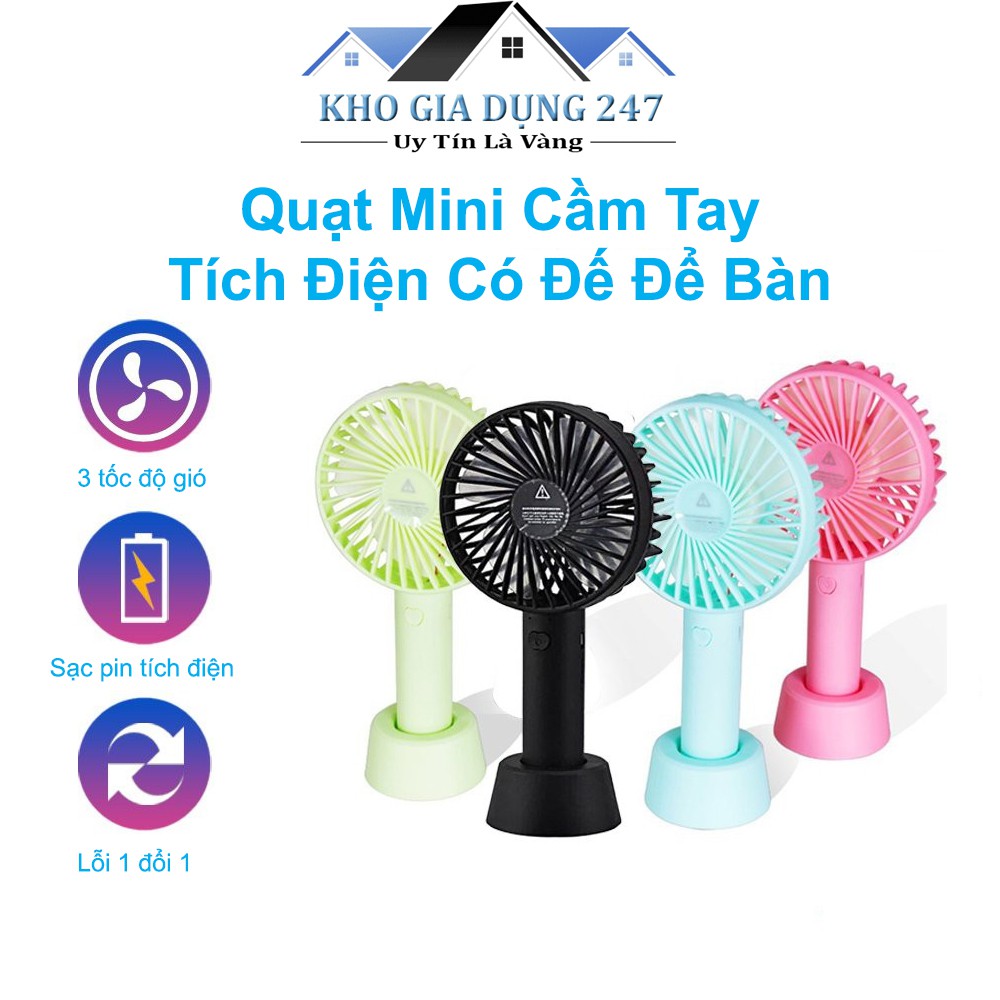 Quạt Mini Cầm Tay Tích Điện Có Đế Để Bàn - Quạt Tích Điện - Quạt Cầm Tay, Có 3 Tốc Độ Gió, Gọn Nhẹ