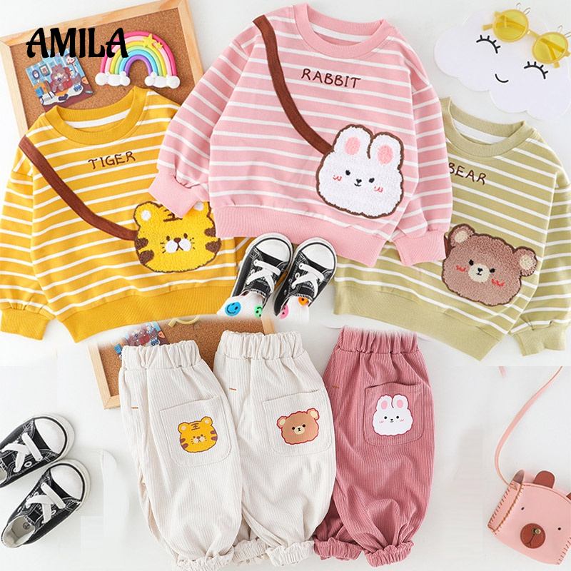Bộ đồ AMILA gồm áo sweater phối quần dài thời trang xuân thu dễ thương cho bé trai và bé gái