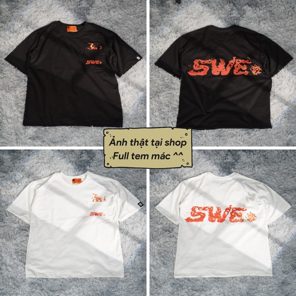 [Xả Kho] Áo thun tay lỡ SWE Flame Pocket Tee form rộng Unisex nam nữ phong cách Ulzzang - AT08 - Happy Style