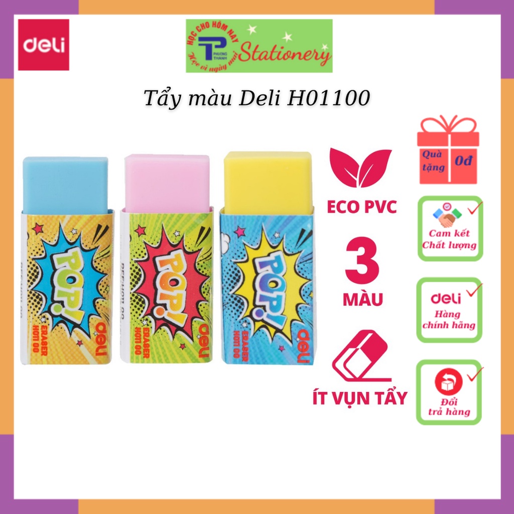 Tẩy 2B Deli, 35×15×15mm, Hồng/Xanh lá/Xanh dương - 36 viên/hộp - EH01100