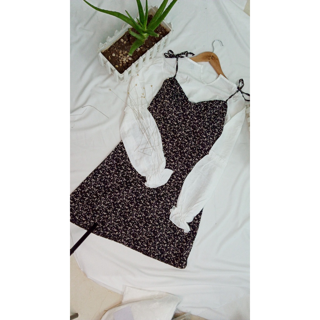 Váy hai dây hoa nhí có cúp ngực mic áo somi tay bồng tiểu thư bánh bèo hàng đẹp có size by Minxxy