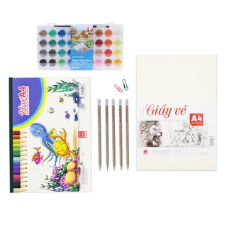 [TẶNG ẤN PHẨM VẼ] Bộ giấy màu vẽ nước nâng cao Hồng Hà | Vở, giấy vẽ A4, 5 bút chì gỗ có tẩy & màu nước dạng khay 36 màu