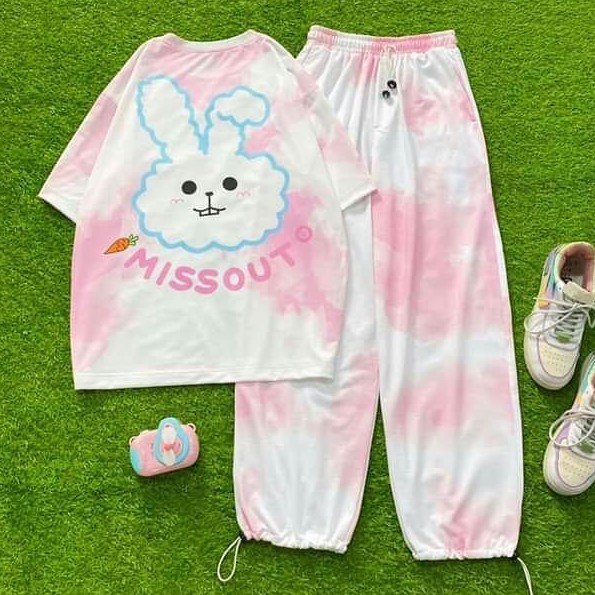 Set áo quần thỏ gấu 3D loang màu + quần dài ống rút tie dye unisex cryaotic10