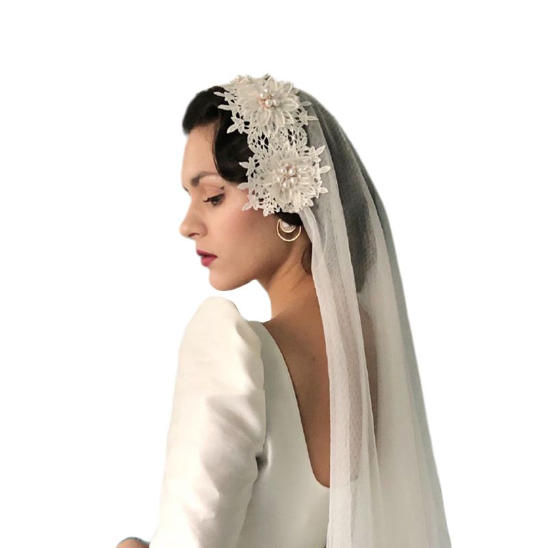 Mạng Che Mặt 2 Tầng Vải Ren Hoa Đính Ngọc Trai Giả Phong Cách Vintage Cho Nữ