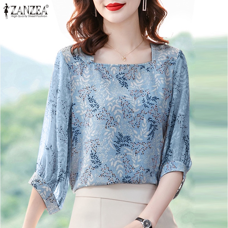 Áo kiểu Zanzea tay ngắn cổ vuông phong cách Hàn Quốc cho nữ