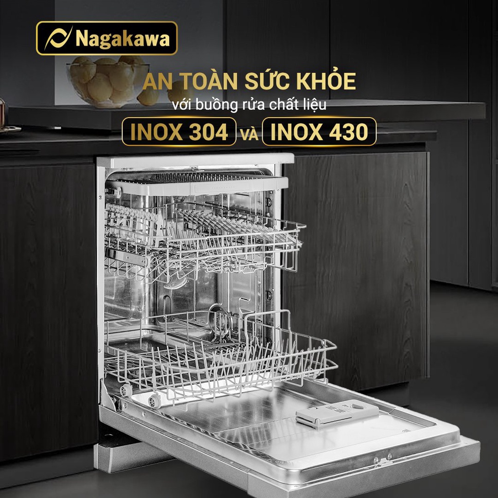 [Miễn phí công lắp+trả góp 0%] Máy rửa bát 14 bộ cao cấp Nagakawa NAG3602M14 - Bảo hành tại nhà 2 năm - Made in Malaysia