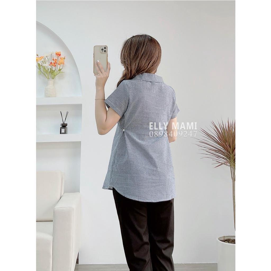 ( 40kg - 65kg )[Cúc Mở Bé Ti] Set Áo Bầu , Bigsize Sau Sinh Kẻ Cổ Sen Nơ Đen Form Dễ Mặc Thoải Mái Suốt Thai Kì&amp;Sau Sinh