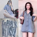 Áo sơ mi bò ngắn tay túi hộp- sơ mi jean trơn cộc tay from rộng unisex Màu xanh phong cách ulzzang hàn quốc