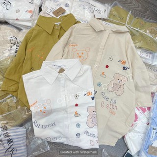 Áo sơ mi hình họa tiết gấu thêu cá tính