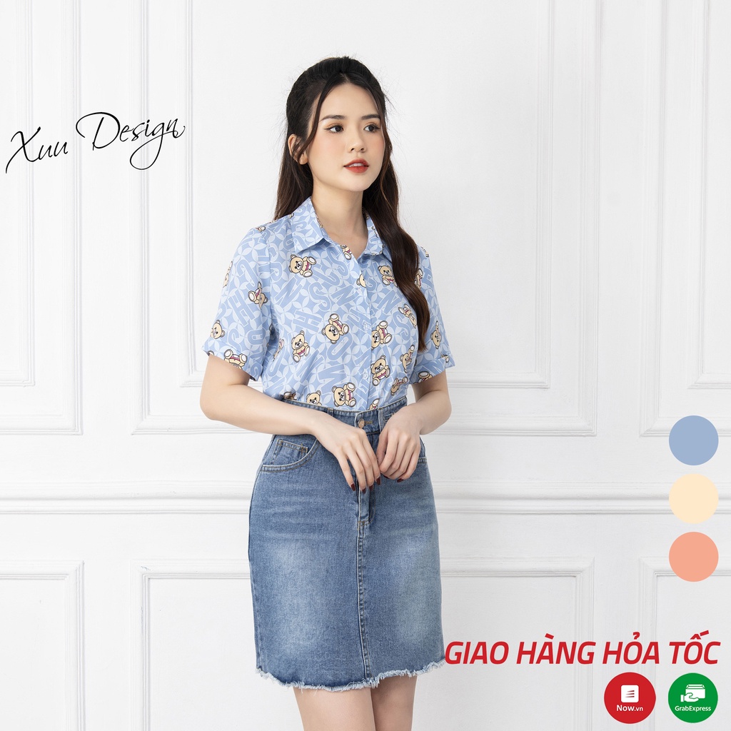 Áo sơ mi nữ họa tiết gấu xanh XUU, kiểu dáng đơn giản, trẻ trung - SK11