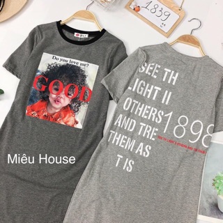 Đầm thun hình in chữ sau lưng