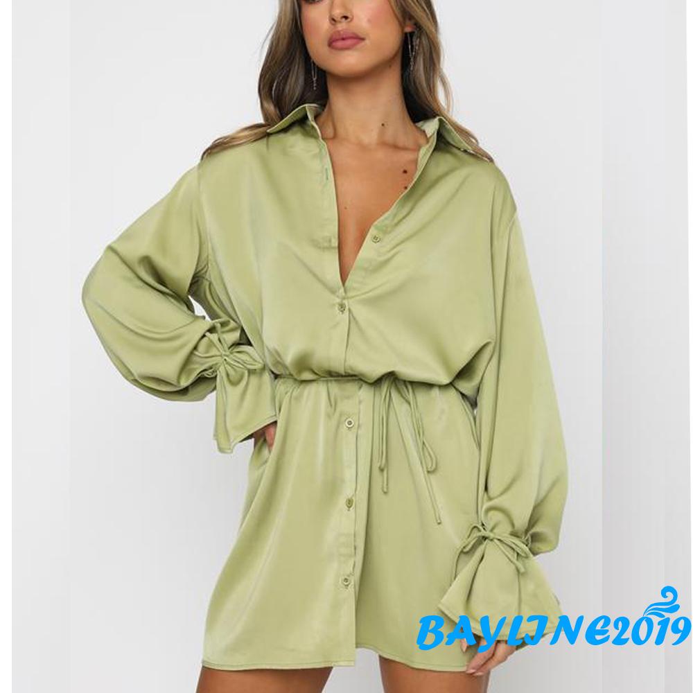 BAY-Đầm sơ mi cổ bẻ tay loe màu trơn cột dây một hàng nút thời trang mùa hè cho nữ 5 màu tùy chọn